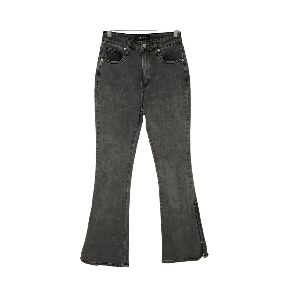 Akira, Gray Split Hem Jeans, Flare, w/ Rhinestones, Size 9, (W28), 1217J - Picture 1 of 5